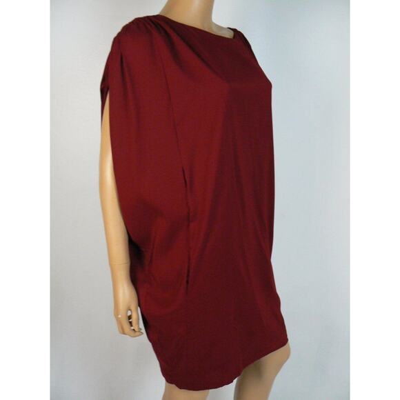 $188 Chequer Brick Red Satin Ruched Dolman Shift Dress 2 Missing Belt NWT C409 - Picture 5 of 7